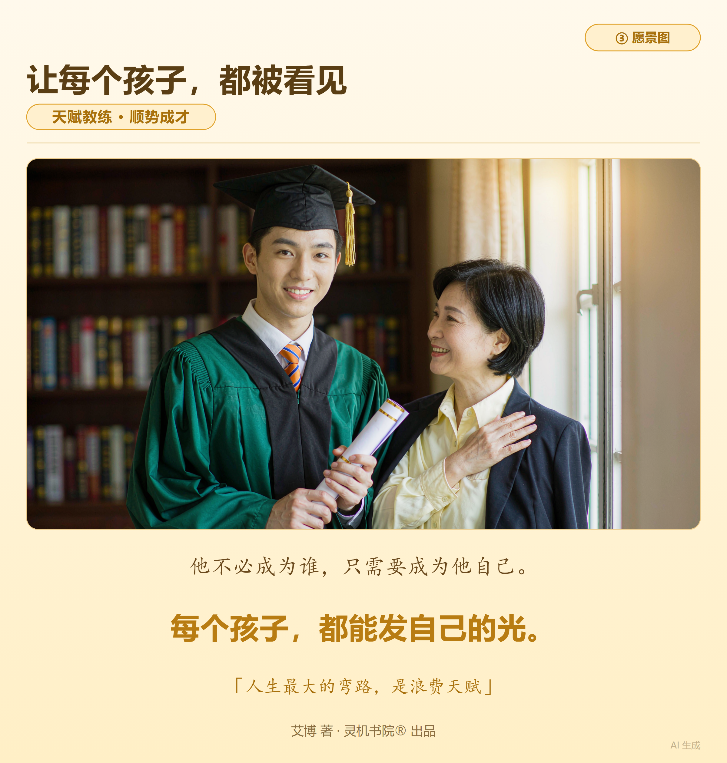 愿景图：让每个孩子，都被看见——戴博士帽的学生与含笑侧立的母亲，天赋教练·顺势成才