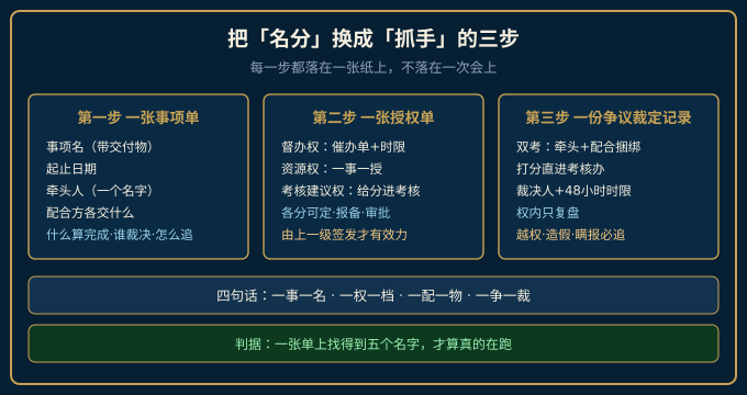 把牵头从名分变成抓手的三步：一张事项单、一张三档授权单、一份争议裁定记录