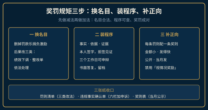 奖罚规矩三步示意图：换名目、装程序、补正向