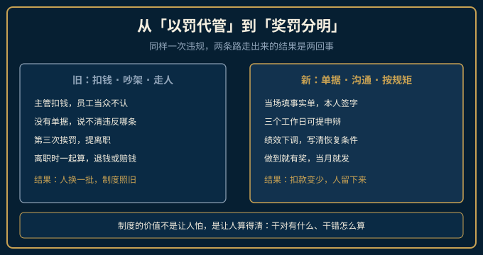 从扣钱吵架走人，到奖罚有据可查的前后对照图